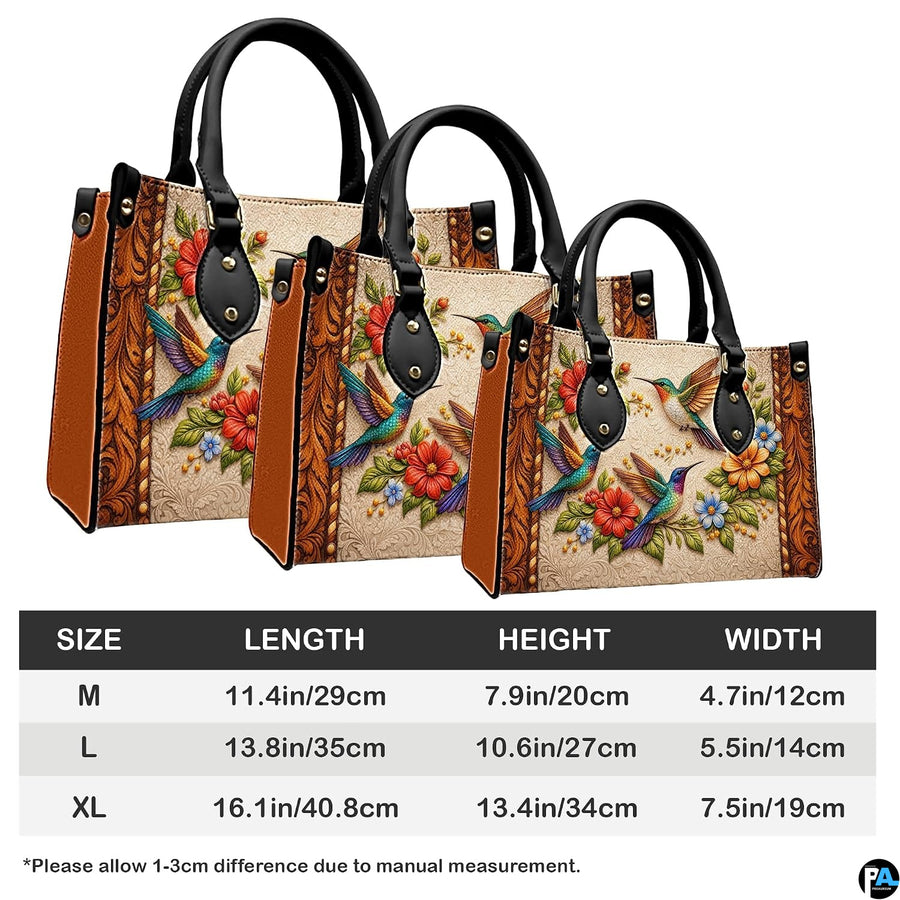 Graduated trio of medium, large, and extra-large handbags with dimensions measurement chart.