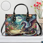 Front view of celestial dragon handbag on white tabletop with circular textured exterior swatch.