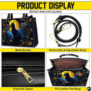 Four panel graphic showcasing component perspectives and visual elements of the feline artwork.