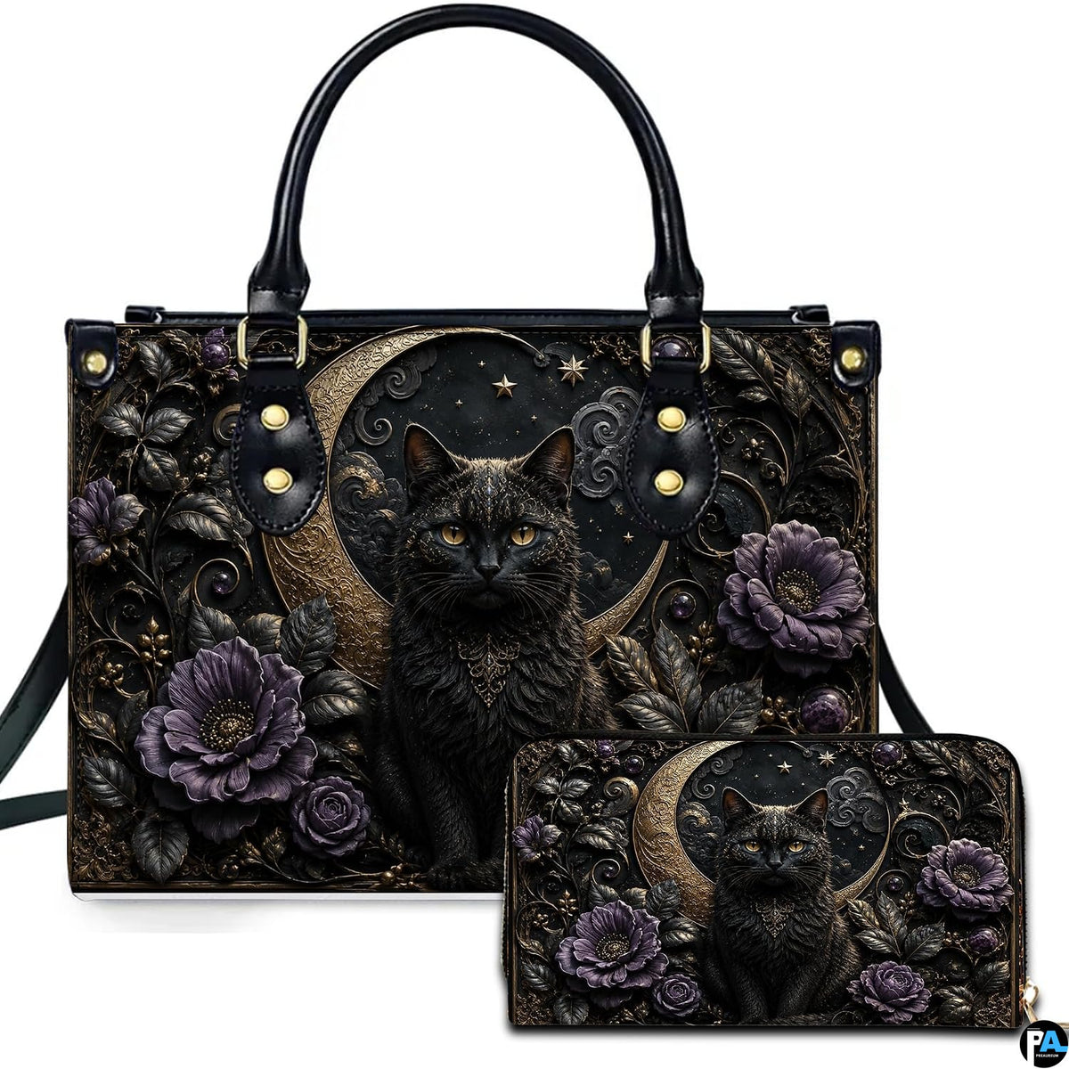 Studio presentation of gothic black cat and crescent moon artwork alongside matching companion accessory on white surface.