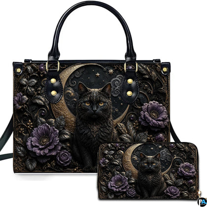 Studio presentation of gothic black cat and crescent moon artwork alongside matching companion accessory on white surface.
