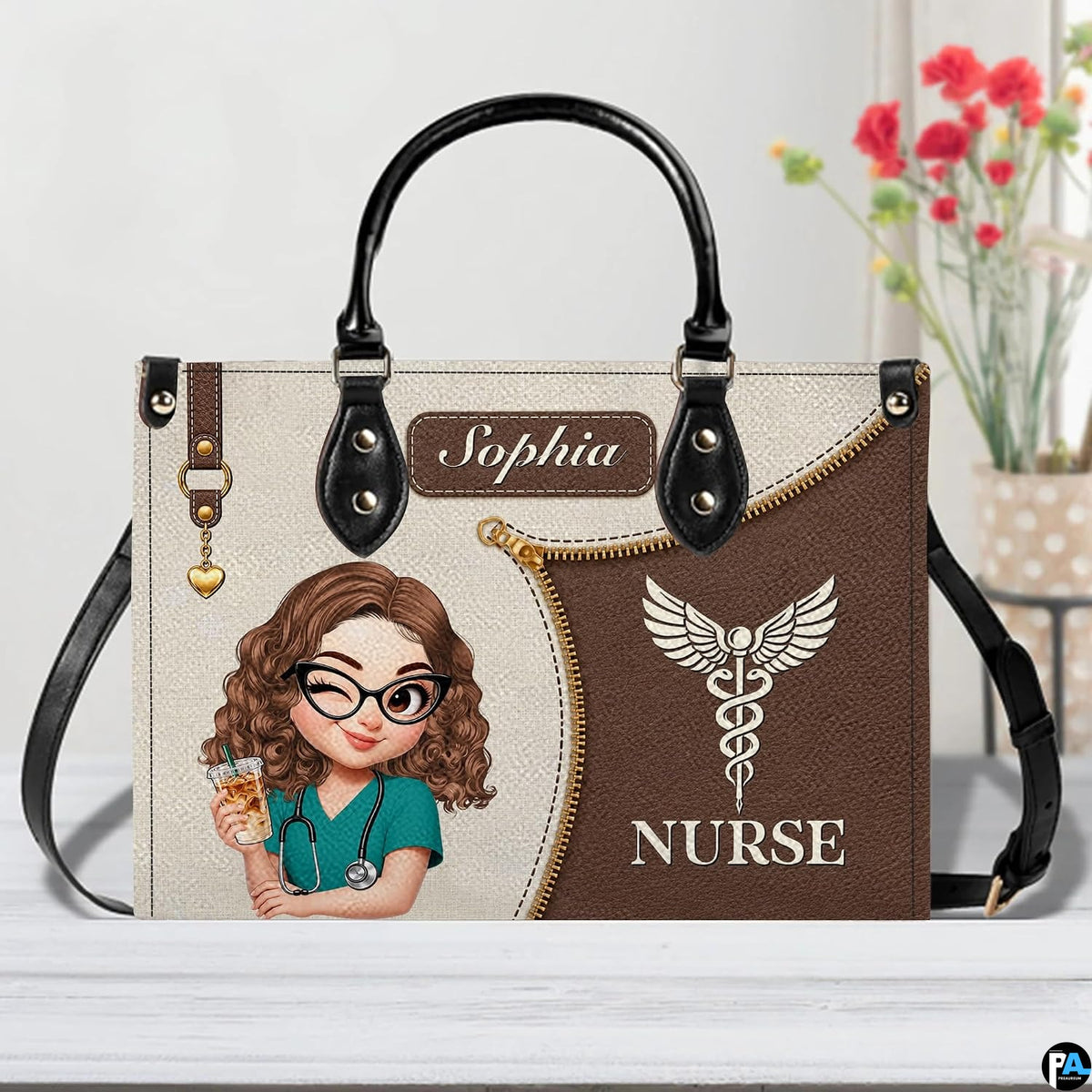 Chibi nurse mocha handbag displayed indoors alongside floral vase with texture swatch.