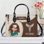 Chibi nurse mocha handbag displayed indoors alongside floral vase with texture swatch.