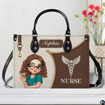 Chibi nurse mocha handbag displayed indoors alongside floral vase with texture swatch.