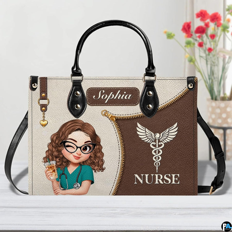 Chibi nurse mocha handbag displayed indoors alongside floral vase with texture swatch.