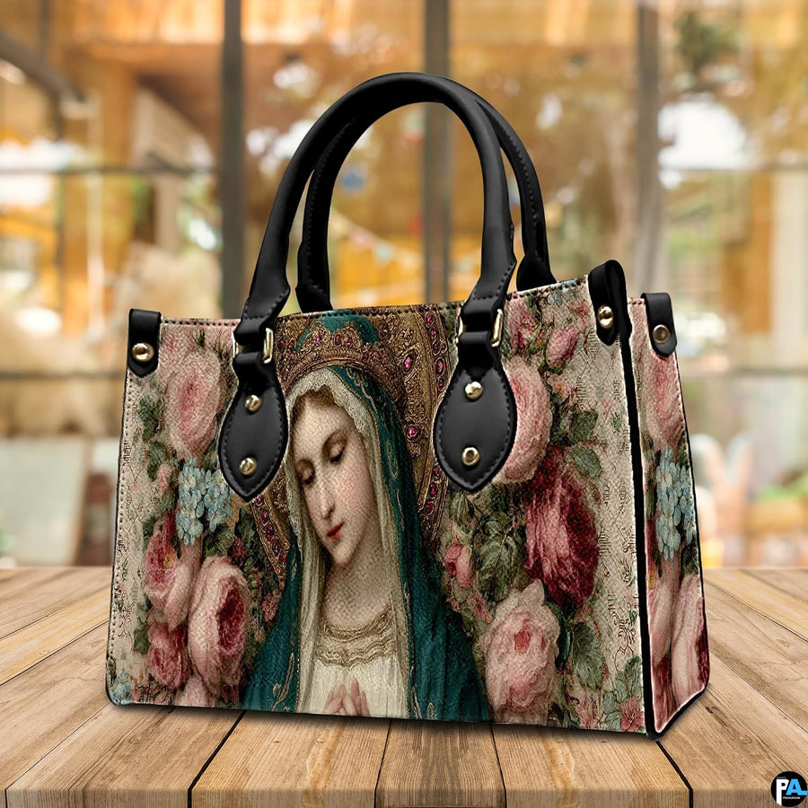 Complete matching handbag and wallet set in praying Virgin Mary arrangement