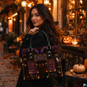 Lifestyle scene presenting mystical purple bookstore artwork on an autumn street illuminated by lanterns.