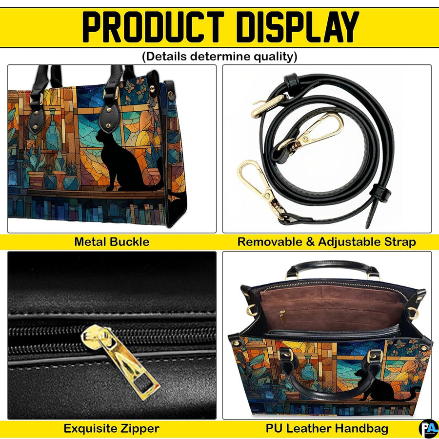 Four-panel layout presenting close-up visual accents of the cat stained glass panel design.