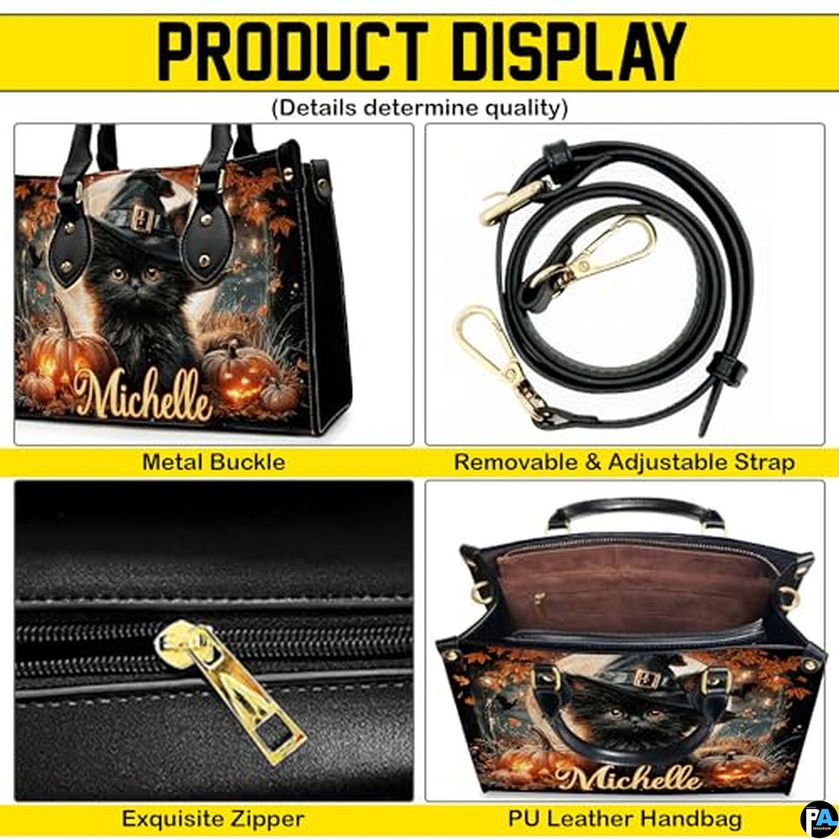 Personalized Halloween Leather Handbag – Custom Witch 3D Printing Effect Purses For Women – Spooky Gothic Shoulder Bag