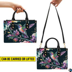 Handbag displayed in interior setting with floral background and circular texture close-up inset.