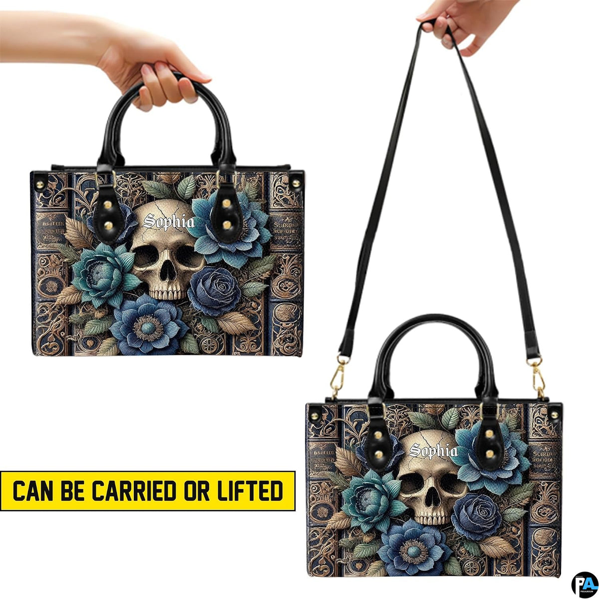 Carrying demonstrations showing dual top handle grip and shoulder strap suspension.
