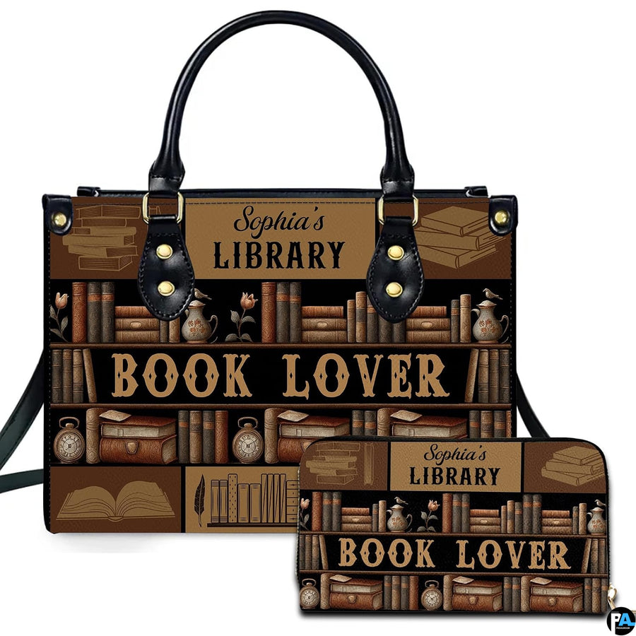 Front view of vintage library bookshelf handbag and companion wallet with antique book illustrations.