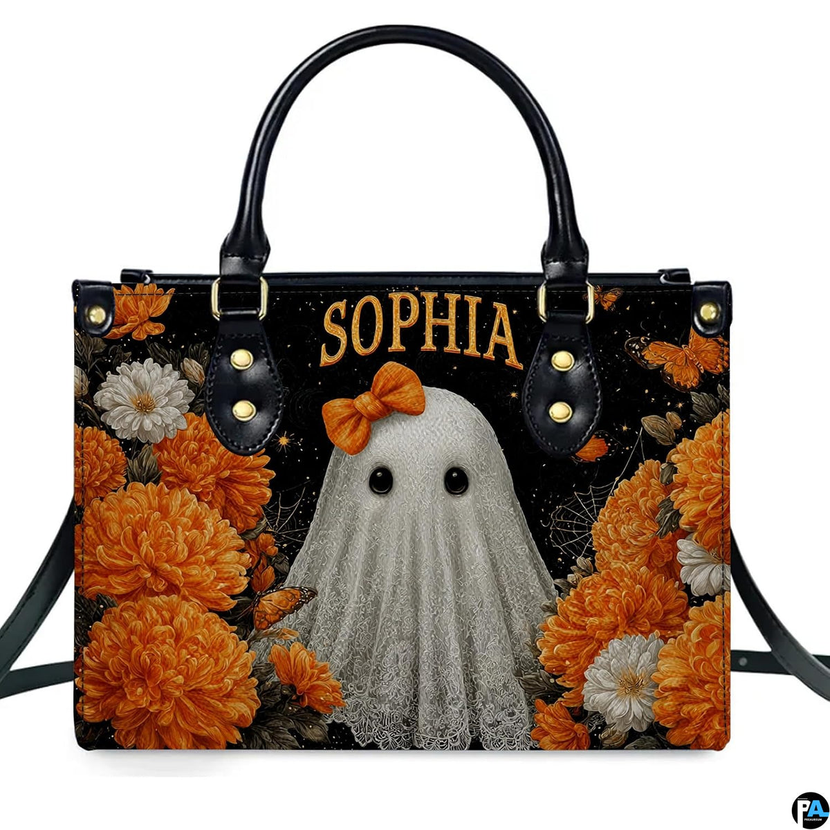 Front view presenting charming lace ghost artwork encircled by radiant orange marigolds and monarch butterflies.