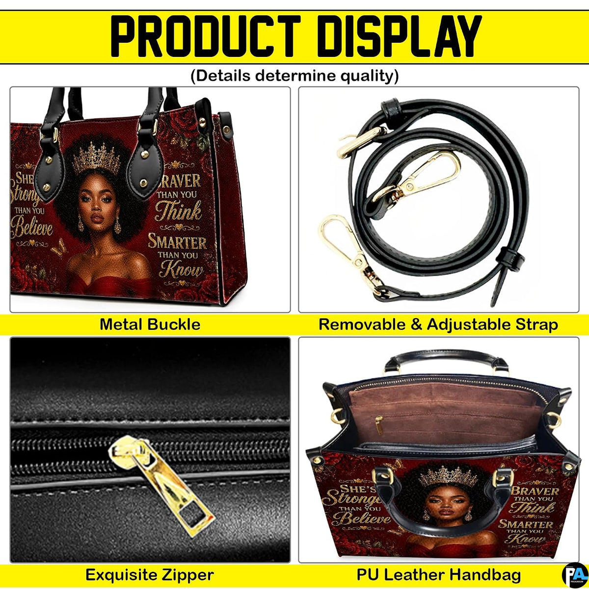 Four panel presentation highlighting graphic elements, metallic hardware accents, and interior view.
