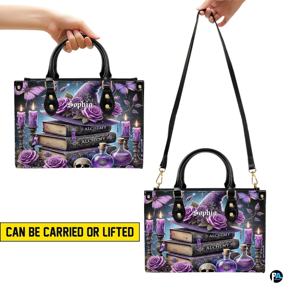 Illustration of hand carry and shoulder carry configurations for the witch aesthetic handbag.