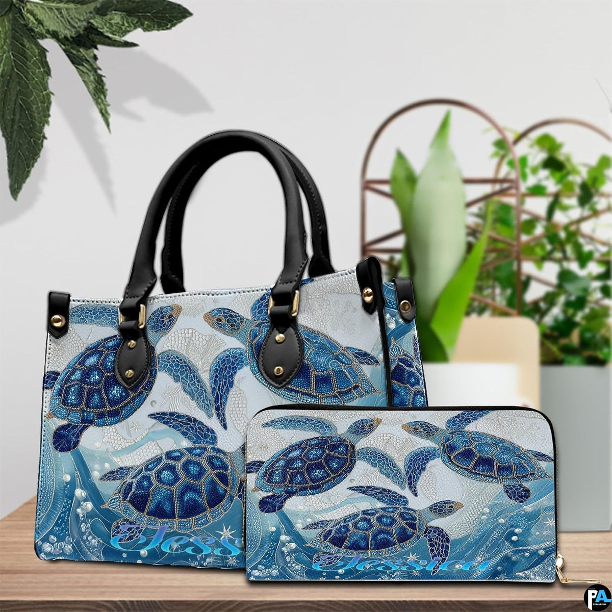 Side profile view showing structured shape and carrying handles of the sea turtle handbag.