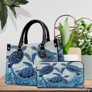 Side profile view showing structured shape and carrying handles of the sea turtle handbag.