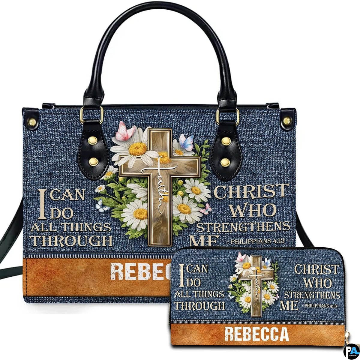 Front view of devotional accessory set showing wooden cross, white daisy flowers, butterflies, and denim texture