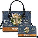 Front view of devotional accessory set showing wooden cross, white daisy flowers, butterflies, and denim texture