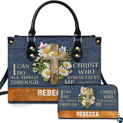 Front view of devotional accessory set showing wooden cross, white daisy flowers, butterflies, and denim texture