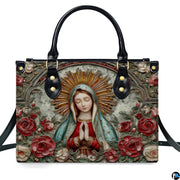 Front isolated view of Guadalupe handbag highlighting sunburst halo and sculpted roses.