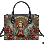 Front isolated view of Guadalupe handbag highlighting sunburst halo and sculpted roses.