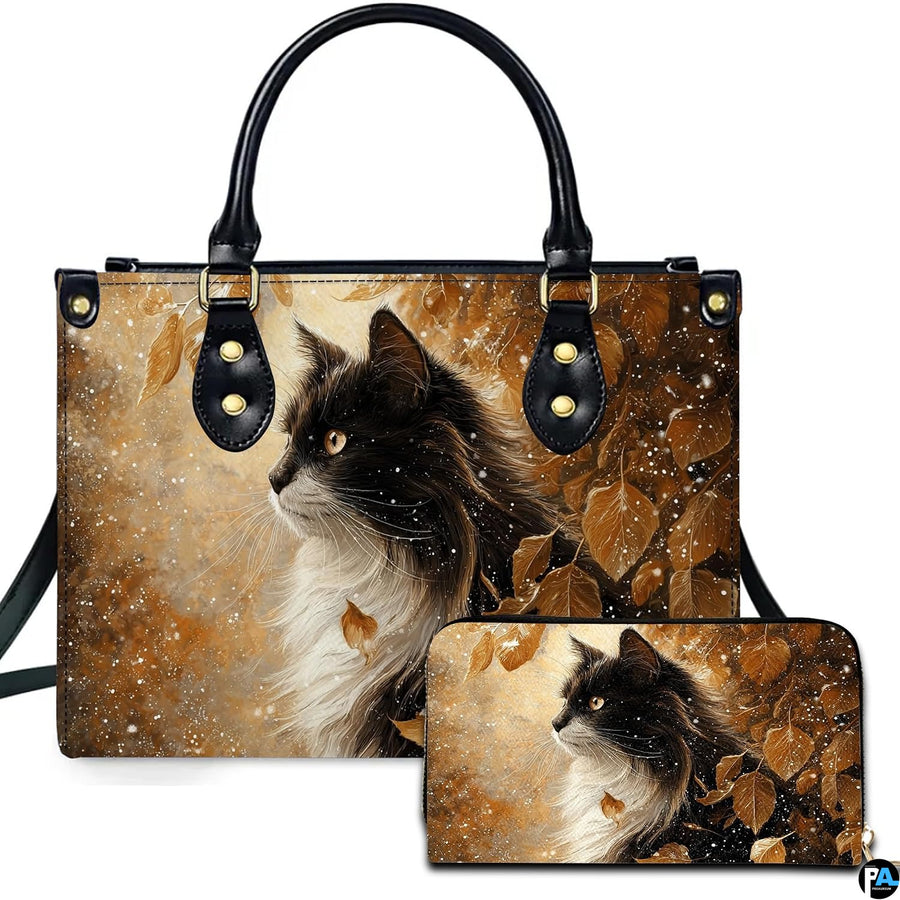Black Cat Leather Bag – Vintage Cat Art Handbag, Stylish Animal-Themed Purse, Unique Gift for Cat Lovers