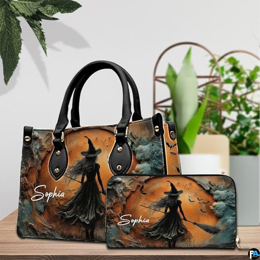 Personalized Halloween Leather Handbag – Custom Witch 3D Printing Effect Purses For Women – Spooky Gothic Shoulder Bag