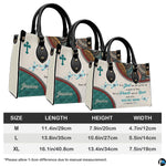 Size comparison chart showing three dimensions for scripture verse handbag.