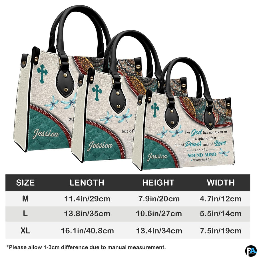 Size comparison chart showing three dimensions for scripture verse handbag.