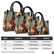 Size chart illustrating medium, large, and extra-large dimensions for the floral handbag.