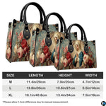 Size chart illustrating medium, large, and extra-large dimensions for the floral handbag.