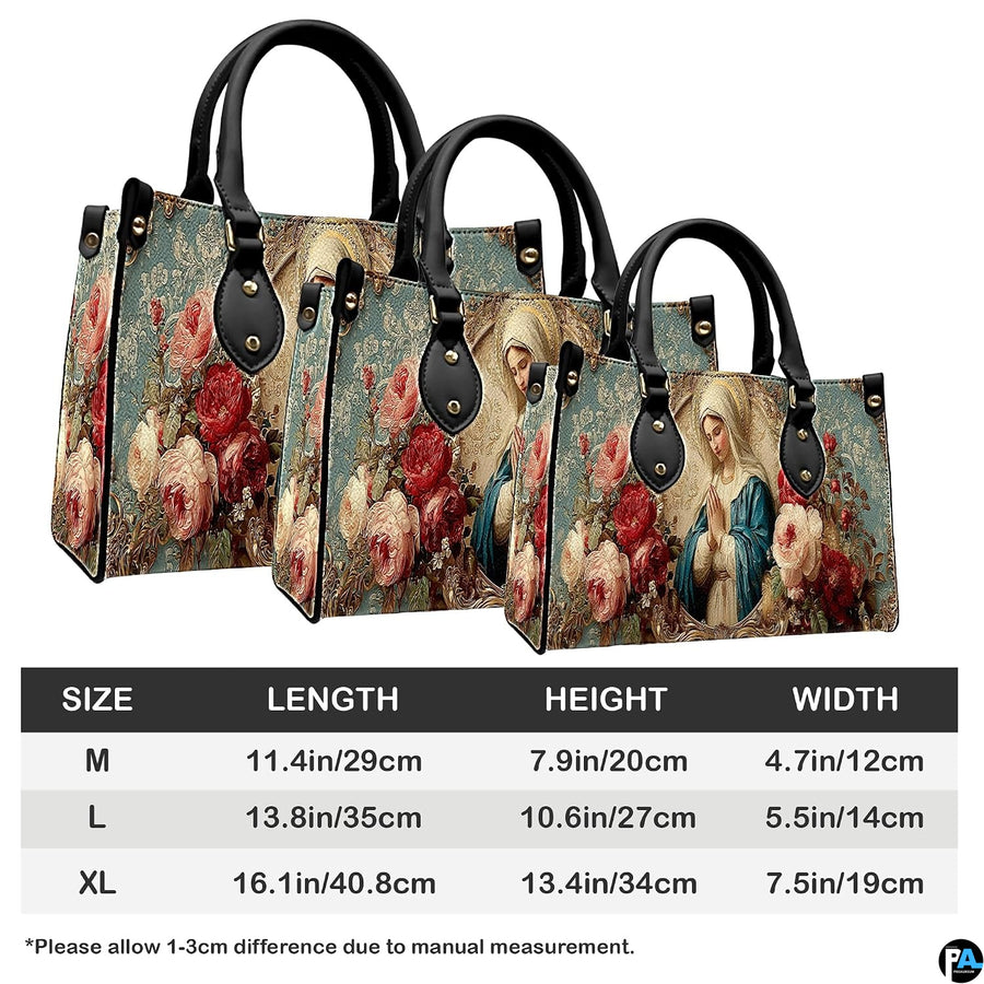 Size chart illustrating medium, large, and extra-large dimensions for the floral handbag.