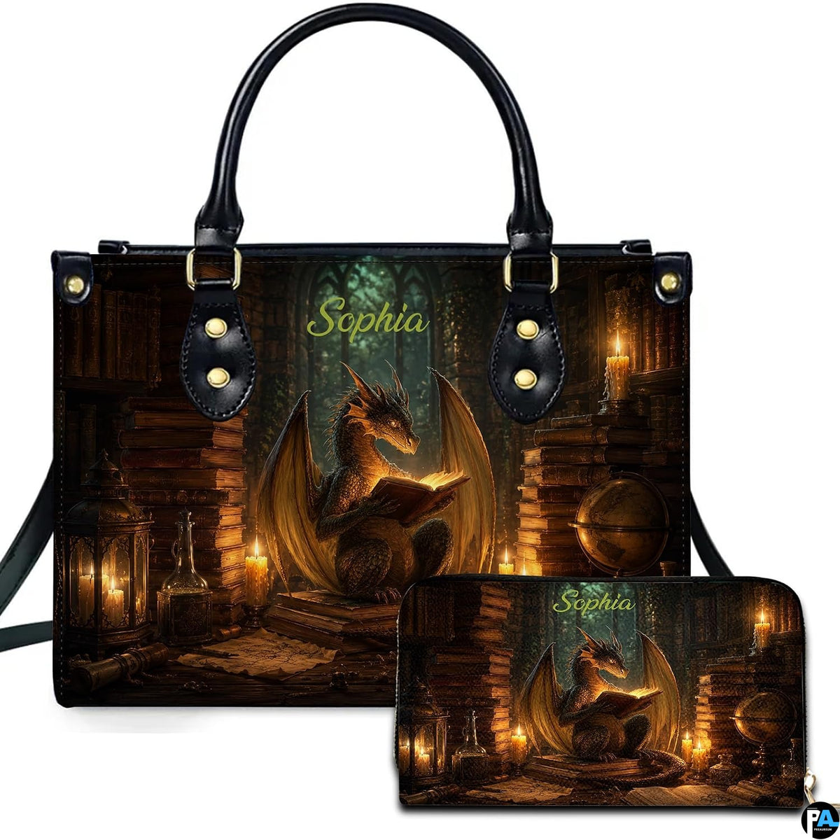 Candlelit alchemist study dragon handbag and wallet set displayed against a white studio background