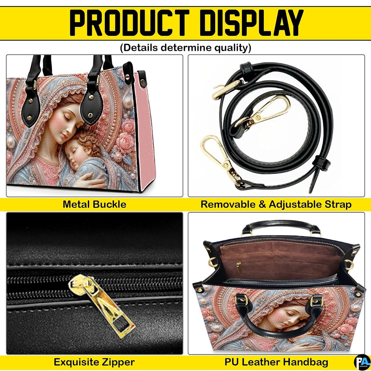 Sleeping Madonna handbag displayed alongside matching wallet