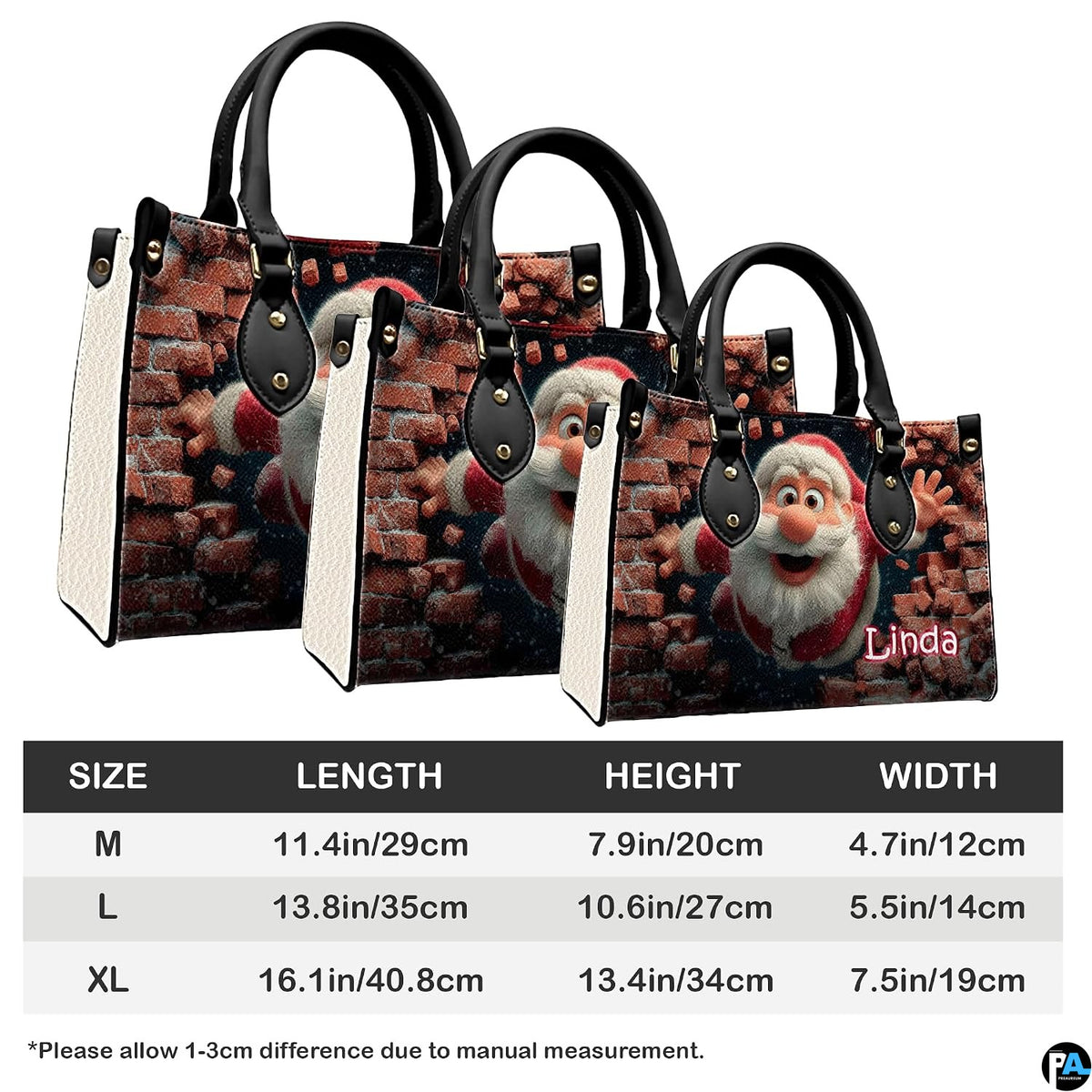 Three sizes of the Santa brick wall handbag shown side-by-side with dimensional chart.
