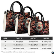 Three sizes of the Santa brick wall handbag shown side-by-side with dimensional chart.