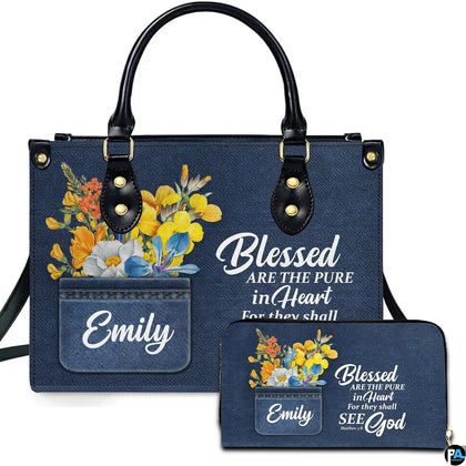 Front view of scripture denim wildflower handbag and matching zip wallet on solid white background