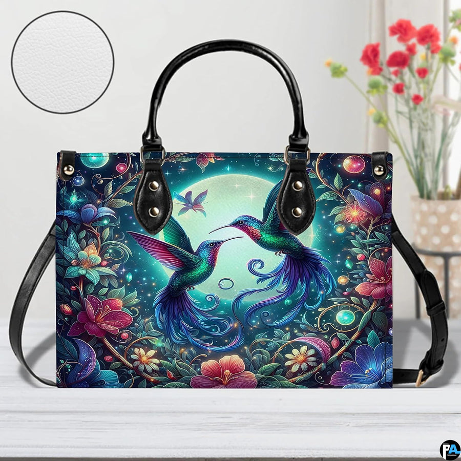 Handbag displayed in indoor setting with floral arrangement and circular texture close-up inset.