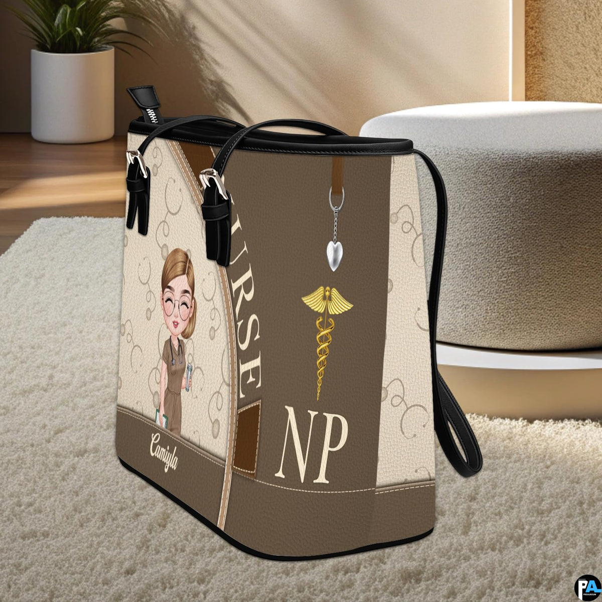 Perspective view of the Mocha Clinician Tote Handbag standing on a light carpeted surface.