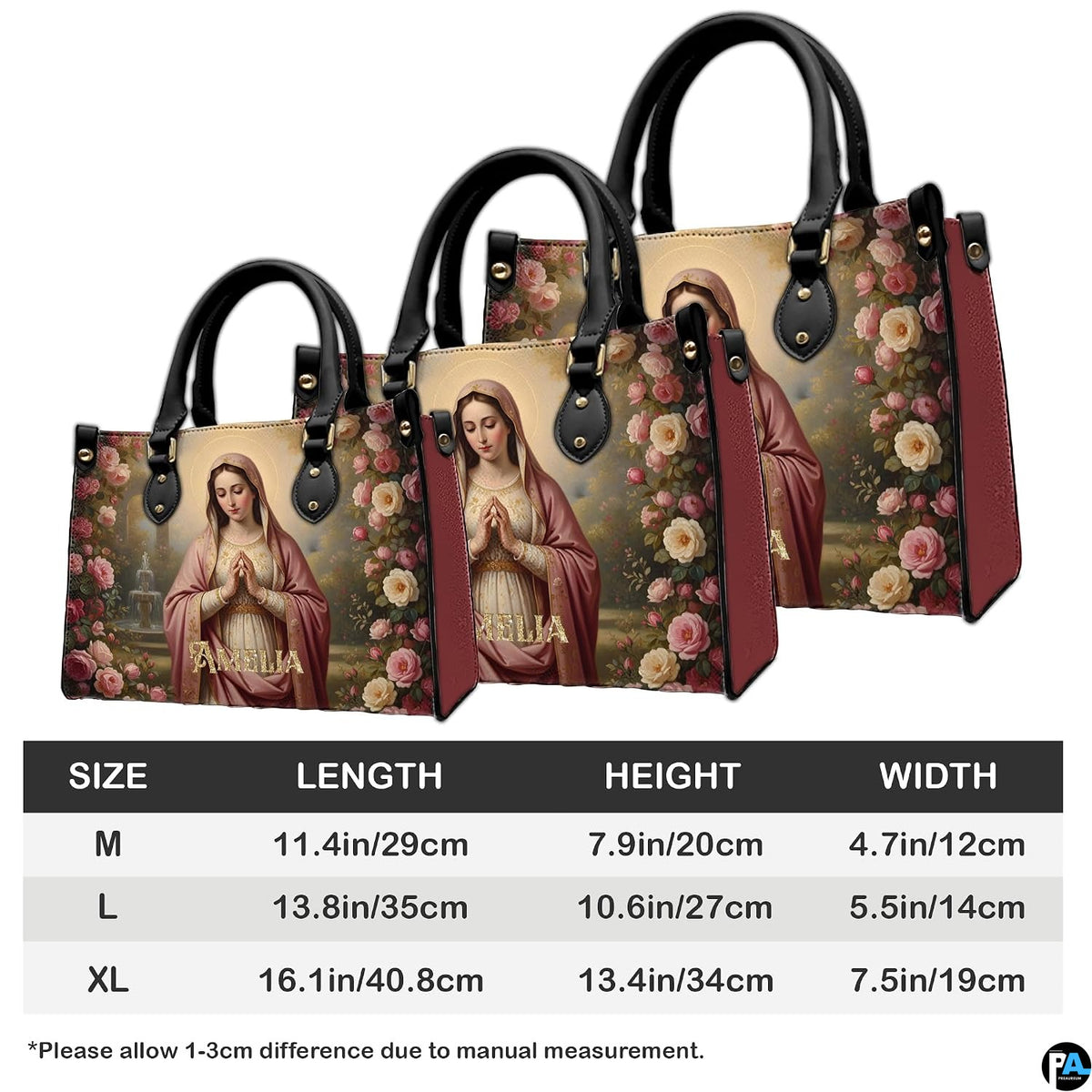 Coordinating wallet featuring praying Madonna in floral stone courtyard