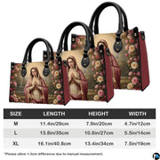 Coordinating wallet featuring praying Madonna in floral stone courtyard