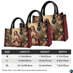Coordinating wallet featuring praying Madonna in floral stone courtyard