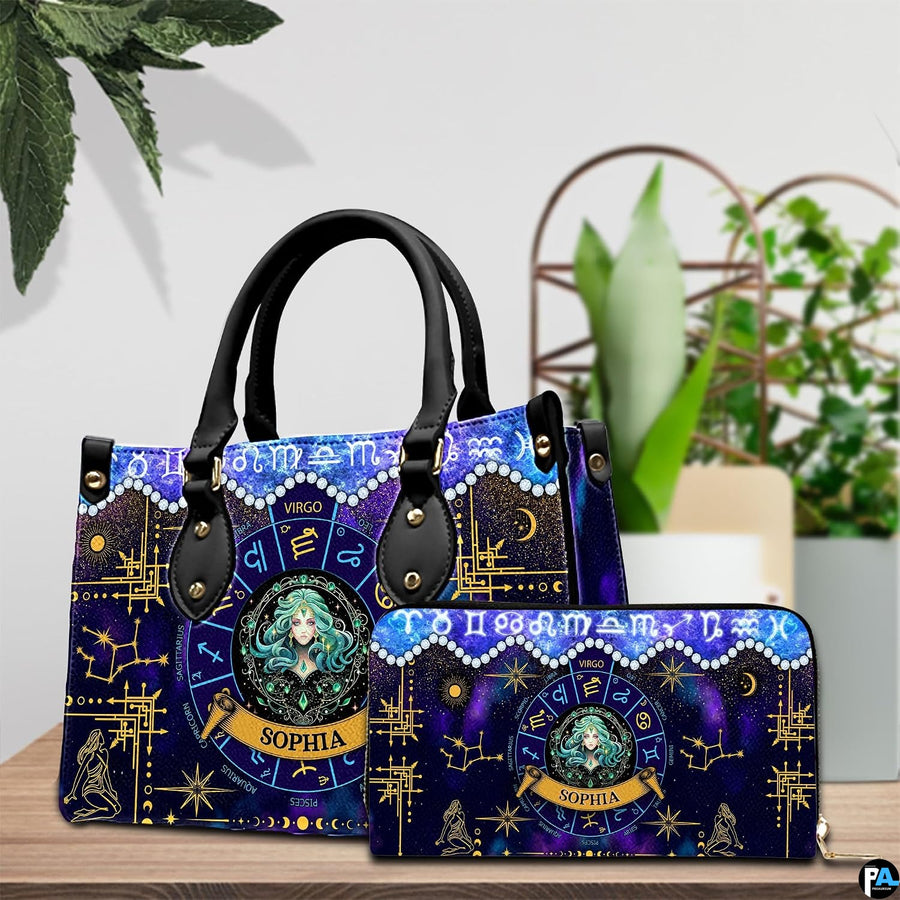 Celestial Maiden Satchel Handbag and companion continental wallet displayed beside indoor plant.