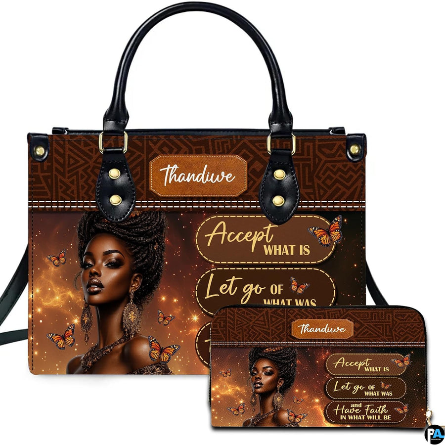 Front view of black queen butterfly art showcasing queen portrait, monarch butterflies, and quote plaques.