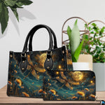 Tabletop lifestyle presentation of moonlit dragonfly handbag and matching wallet with potted plants
