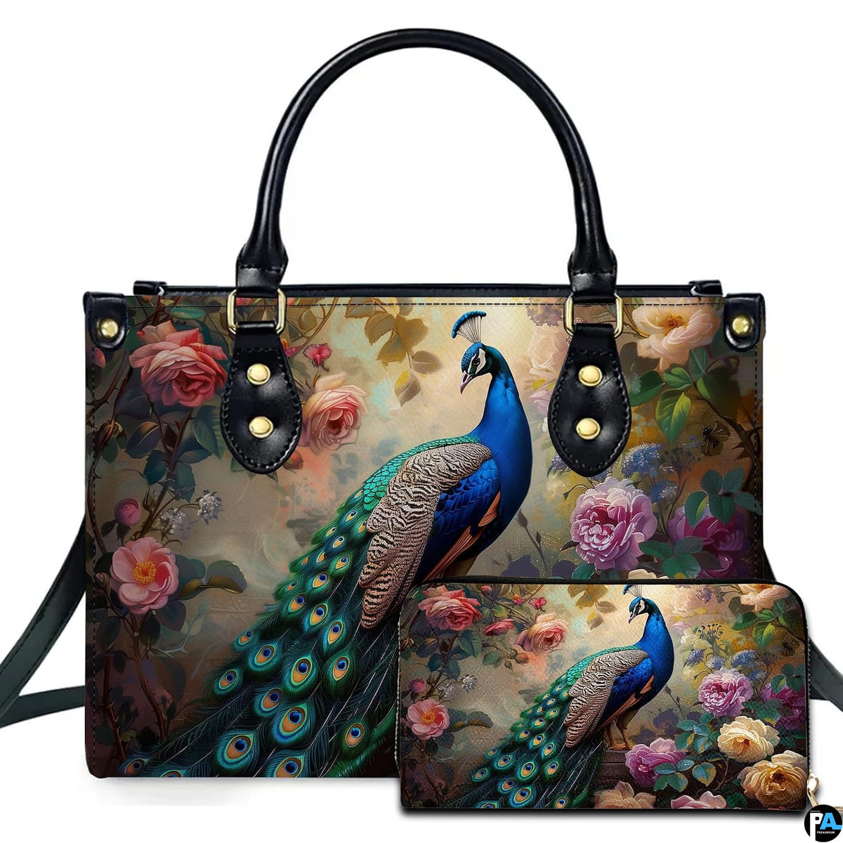 Vintage peacock purse with blue bird, garden roses and matching floral wallet