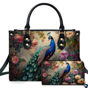 Vintage peacock purse with blue bird, garden roses and matching floral wallet