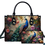 Vintage peacock purse with blue bird, garden roses and matching floral wallet