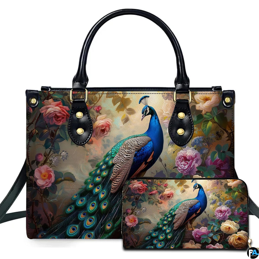 Vintage peacock purse with blue bird, garden roses and matching floral wallet